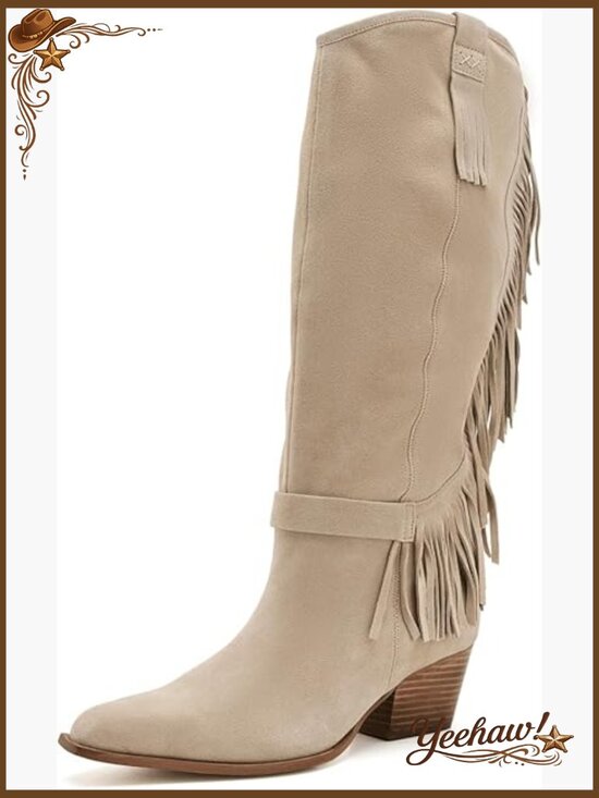 Shoes - Suede Fringe Western Knee-High Boots with Block Heel